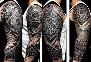 full sleeve tattoos for men with sacred geometry mixed tropical theme going from left chest to left hand. tattoo idea
