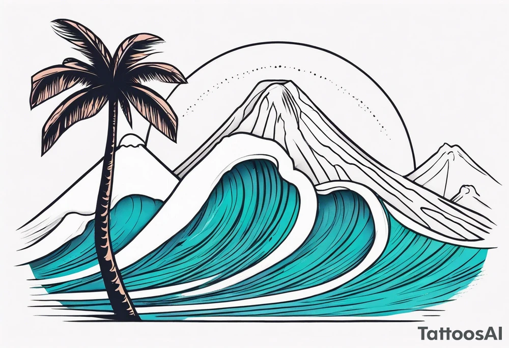 fineline tattoo of a palm tree and a wave with a volcano in the background tattoo idea