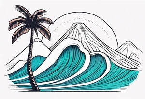 fineline tattoo of a palm tree and a wave with a volcano in the background tattoo idea