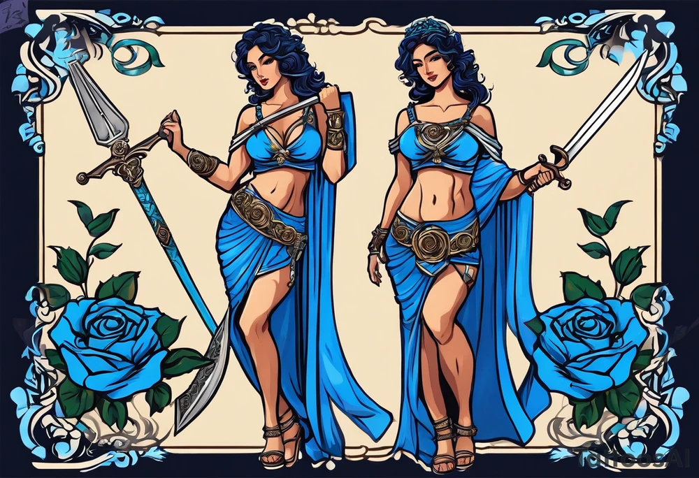 ancient rome clothes women, with Libra in one hand and a sword in the other, blue rose frames, justicia tattoo idea