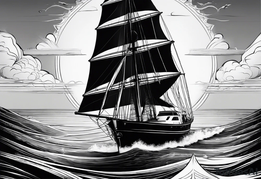 sailboat seen from the front. sail in the shape of a maritime lighthouse.phoenix drawn on the sail. tattoo idea