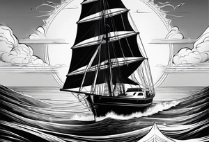 sailboat seen from the front. sail in the shape of a maritime lighthouse.phoenix drawn on the sail. tattoo idea