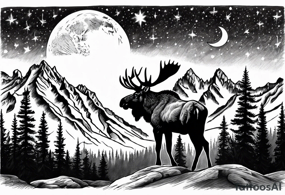Half sleeve of Teton mountain range with moon and stars in the sky, two moose somewhere in picture tattoo idea