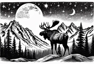 Half sleeve of Teton mountain range with moon and stars in the sky, two moose somewhere in picture tattoo idea