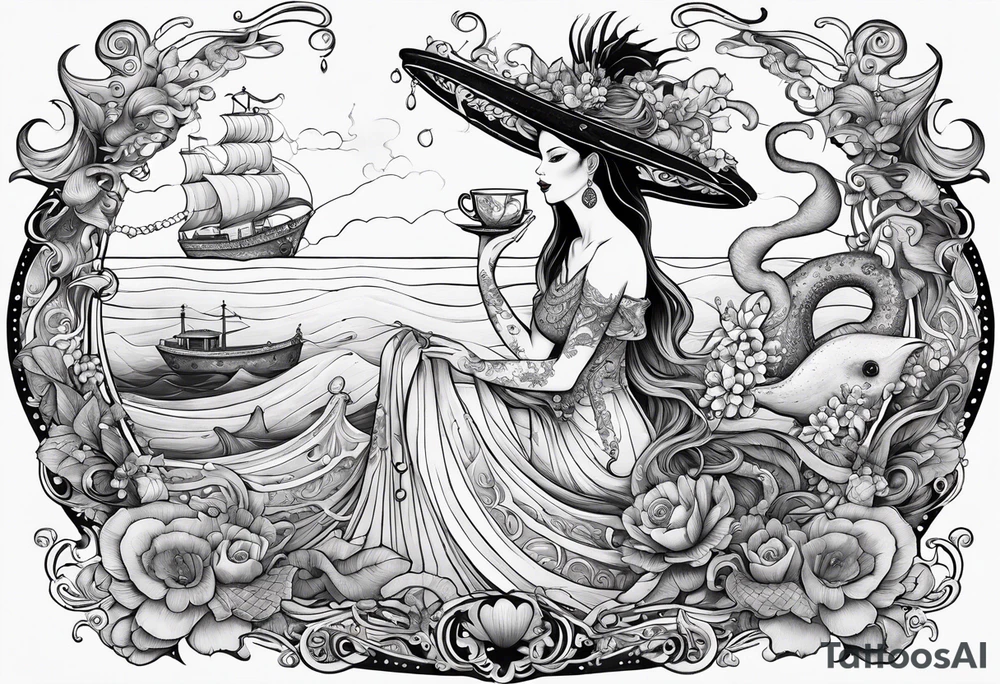 A beautiful sea witch with tentacles that incorporates a teacup, an umbrella, a yellow bird, and a gingerbread boy tattoo idea