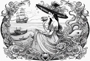 A beautiful sea witch with tentacles that incorporates a teacup, an umbrella, a yellow bird, and a gingerbread boy tattoo idea