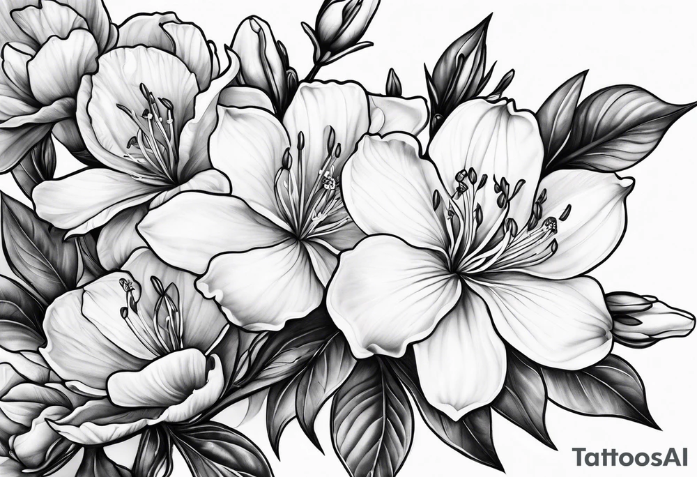 5-petal azaleas with buds along a long branch tattoo idea