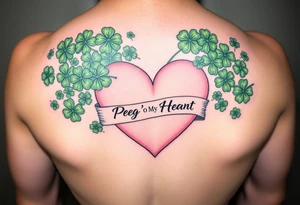 A ton of green shamrocks together with a big pale pink heart with a banner across the heart that says Peg 'o My Heart tattoo idea