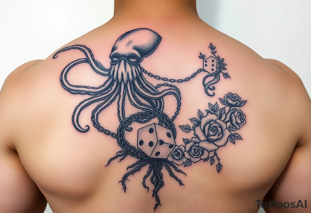 squid and knight combined with chains, tree roots, cherry blossoms and roses rolling dice tattoo idea
