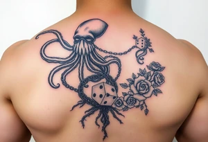 squid and knight combined with chains, tree roots, cherry blossoms and roses rolling dice tattoo idea