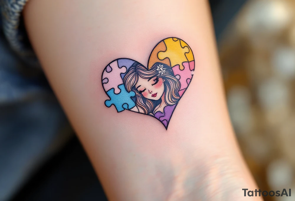 A heart made of puzzle pieces, each piece a different pastel, with Lenka in the center. tattoo idea