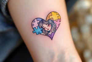A heart made of puzzle pieces, each piece a different pastel, with Lenka in the center. tattoo idea