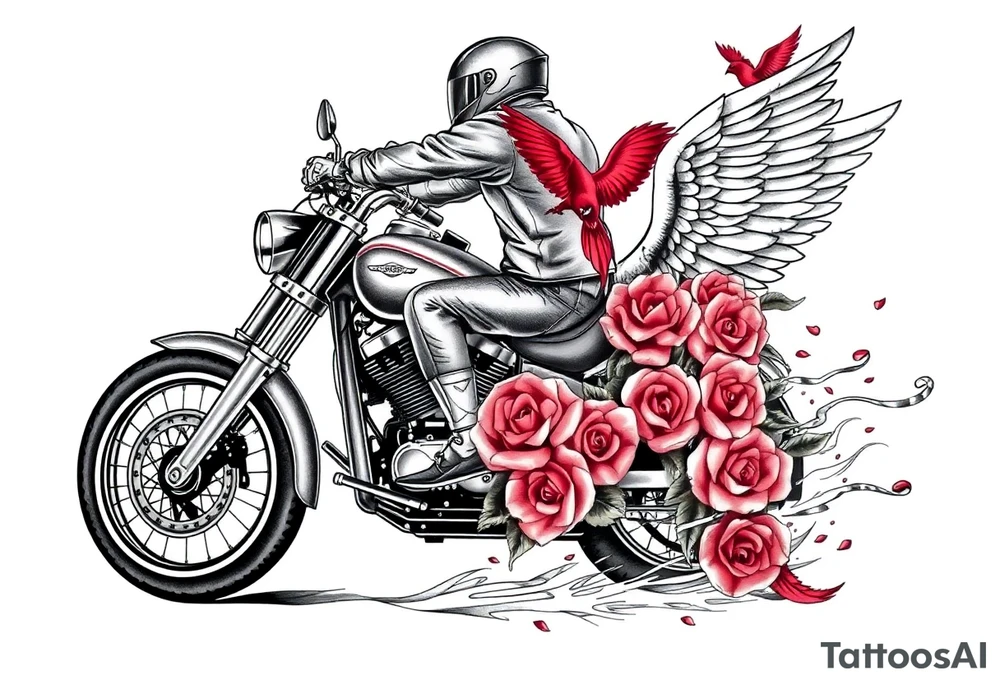 Harley grey motorcycle driving away, two red birds flying, roses, flames, angel wings tattoo idea
