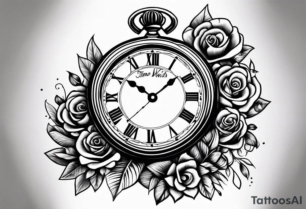 pocket watch with the saying "Time waits for no one..." tattoo idea