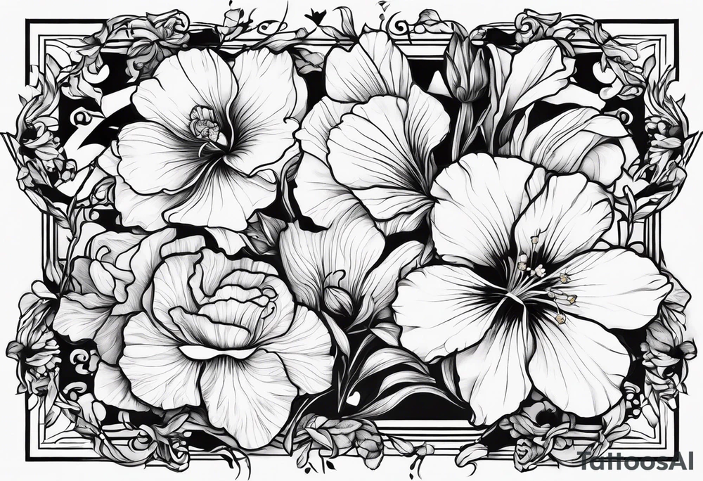 Female outline surrounded by One carnation
One snow drop
One iris
One poppy
One cosmo
One narcissus tattoo idea