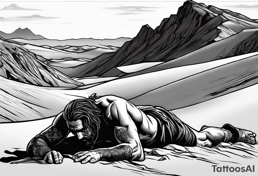 man crawling in a desert reaching to the cross of Christ tattoo idea