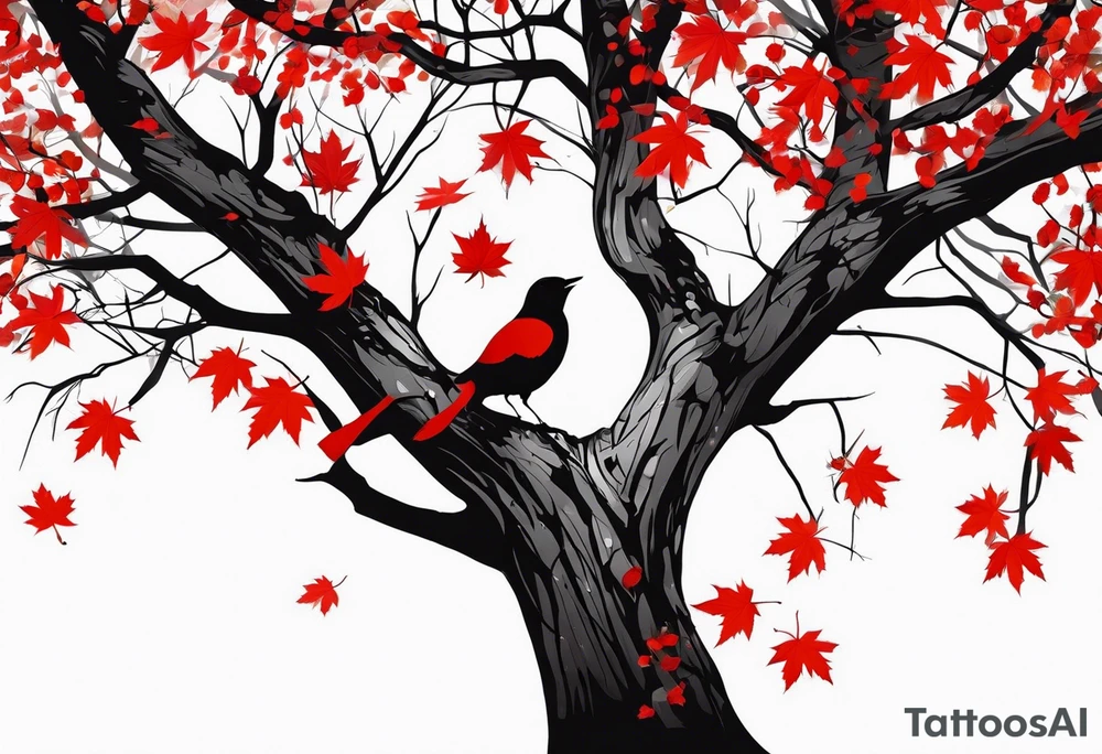 trash polka style. Arm tattoo. chest tattoo. Long tattoo. large tattoo. Full sleeve. Shoulder. A single large maple tree with red autumn leaves that branches upwards from wrist to shoulder. White-throated dipper bird on the trees branches. Calluna flowers at the base of the trees stem. Leaves falling. tattoo idea