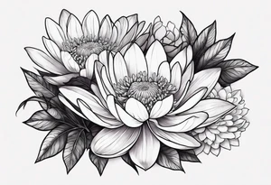 bouquet with violet, water lily, holly, carnation and chrysanthemum tattoo idea
