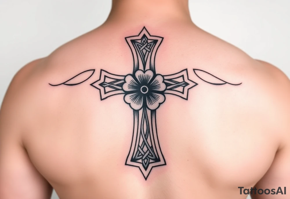 a celtic cross with irish inspired details and a four leaf clover tattoo idea