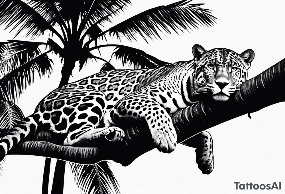 jaguar laying on palm tree tattoo idea