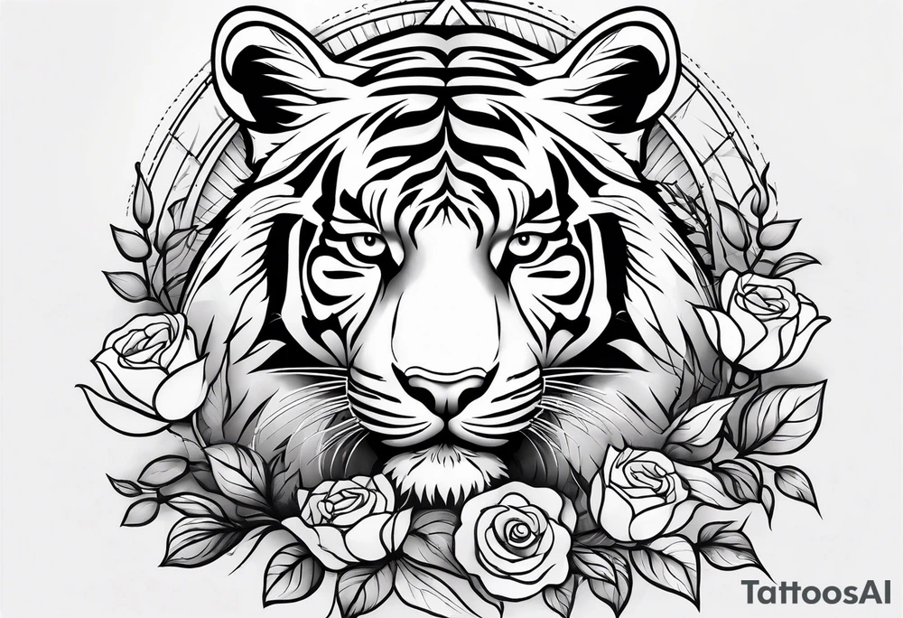 Full arm sleeve with compass and tiger roses tattoo idea Full arm sleeve with compass and tiger roses tattoo idea