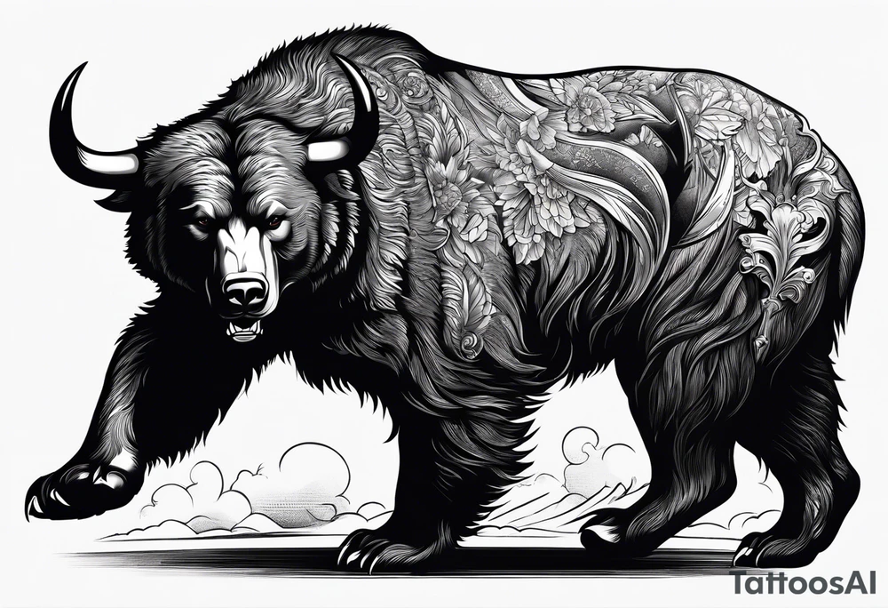 I want a sleeve tattoo design combining a bear fighting a bull tattoo idea