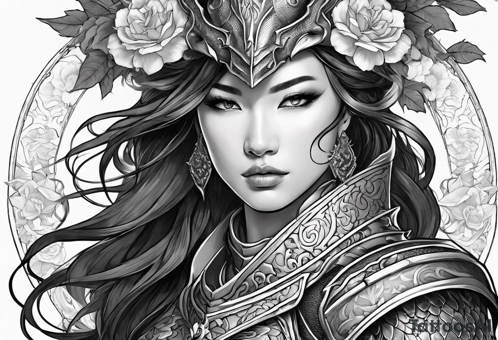 beautiful warrior woman wearing dragon armor and a floral background and a dragon a full picture tattoo idea