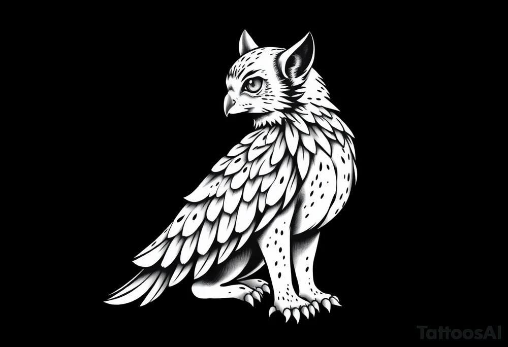 Um desenho em preto e branco de um pássaro estilizado, com aparência mística e detalhada. A arte é feita em estilo de tatuagem, com muitos traços finos, sombreamento em pontilhismo (dotwork) e formas geométricas. O pássaro tem olhos vazios e brilhantes, com penas estilizadas e sobrepostas em formas angulares e orgânicas. As asas e a cauda são longas, com detalhes intrincados que lembram padrões de penas de coruja ou falcão. A pose do pássaro é majestosa, com a cabeça voltada para frente e o corpo inclinado para o lado, como se estivesse empoleirado tattoo idea