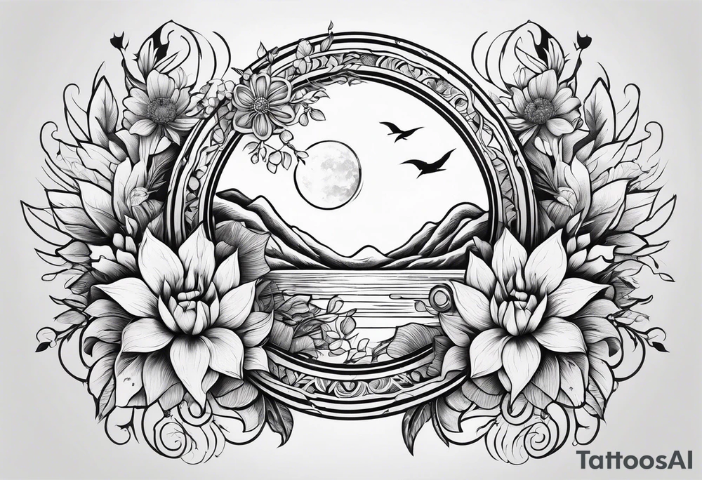 sun moon floral no shading or shadowing tattoo idea