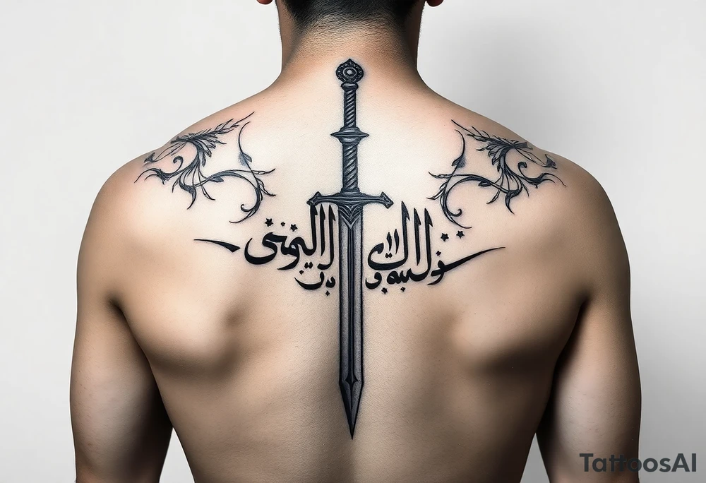 Arabian gothic style tattoo with a sword and looks middle eastern with Arabic writing  with sword going all the way down the back tattoo idea