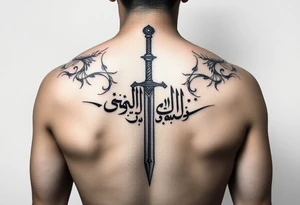 Arabian gothic style tattoo with a sword and looks middle eastern with Arabic writing  with sword going all the way down the back tattoo idea