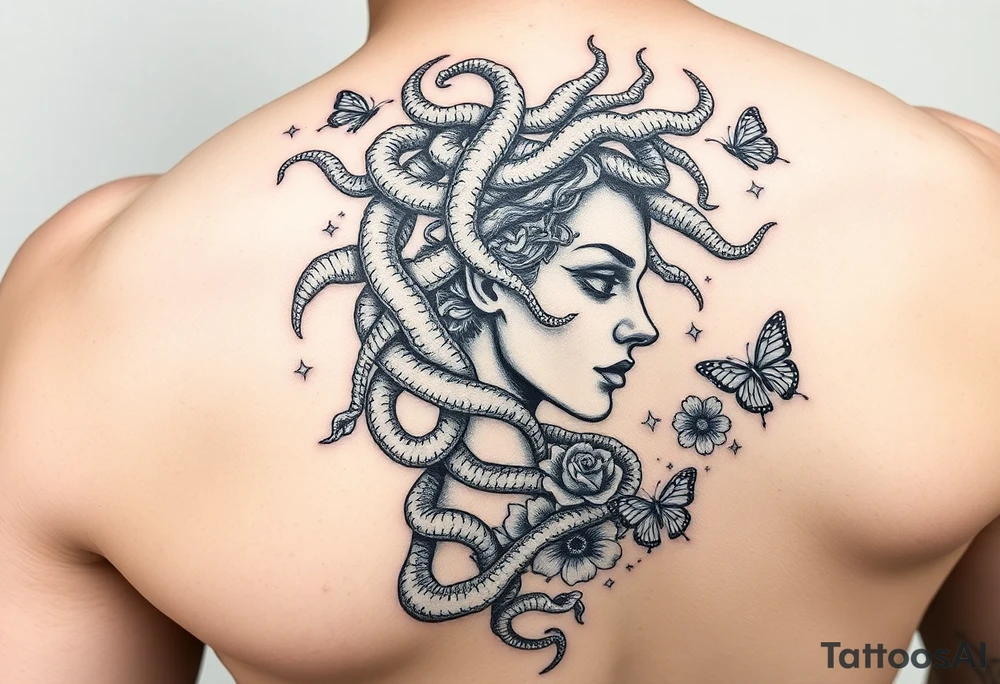 Side portrait of Medusa with snakes, flowers and butterflies tattoo idea