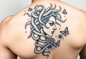 Side portrait of Medusa with snakes, flowers and butterflies tattoo idea