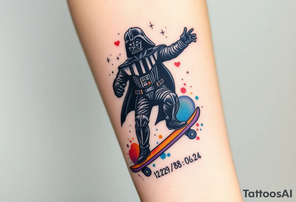 Darth Vader skateboarding with gun> bullets > memorial > god > colors > futuristic 
add name "Darth Carter" on skateboard
add date 12/29/88-01/06/24 tattoo idea