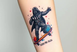 Darth Vader skateboarding with gun> bullets > memorial > god > colors > futuristic 
add name "Darth Carter" on skateboard
add date 12/29/88-01/06/24 tattoo idea