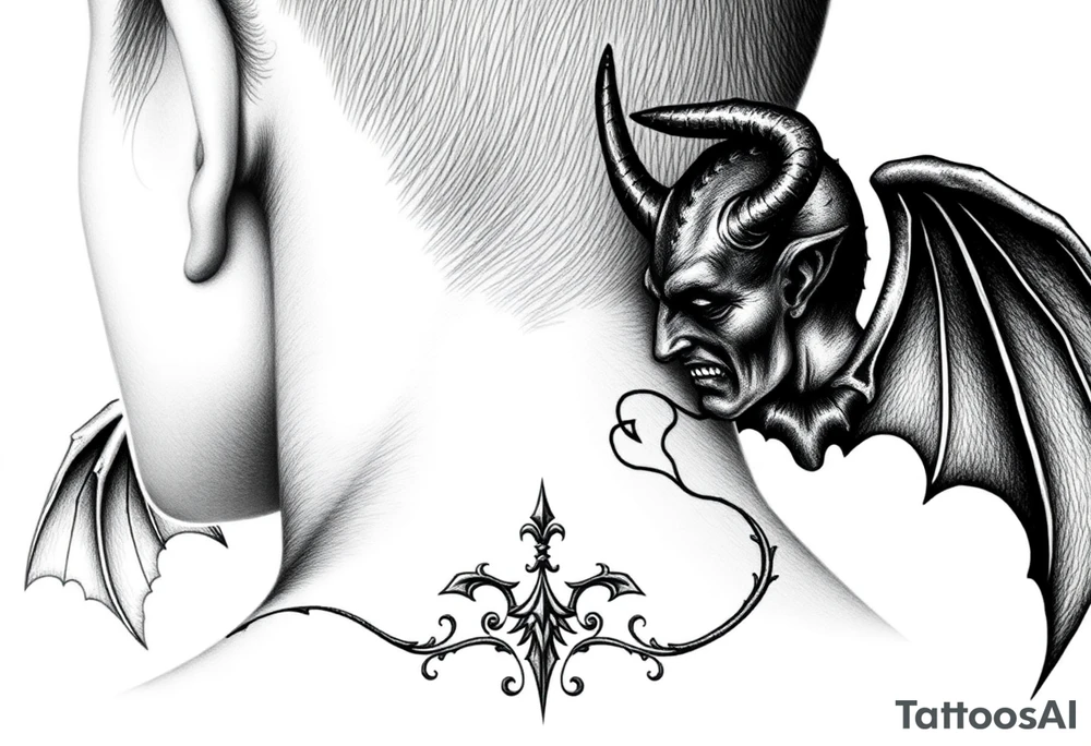 position behind the neck Angel (on the right) whispering in the right ear, demon (on the left) whispering in the left ear. It must be as realistic as possible. tattoo idea