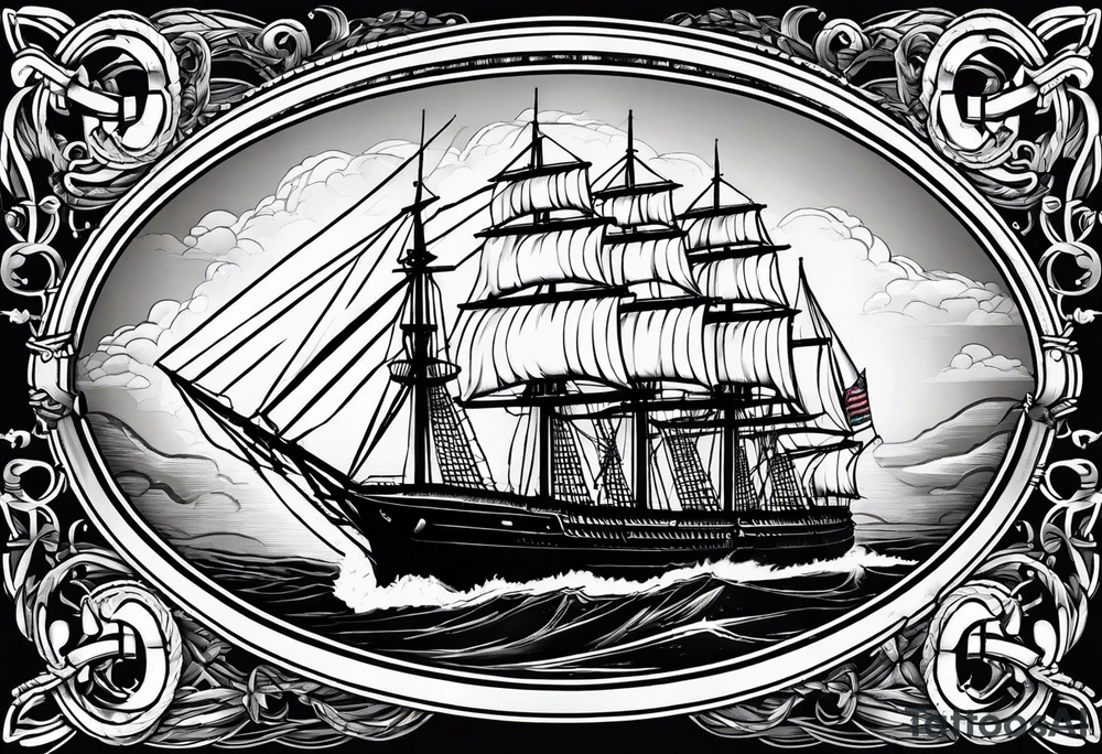sailing ship in rough seas in oval with rope border super imposed over crossed cannons with banner that says US Navy tattoo idea