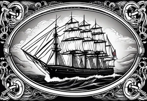 sailing ship in rough seas in oval with rope border super imposed over crossed cannons with banner that says US Navy tattoo idea
