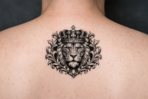 powerful majestic lion with a crown, framed by ornate floral scrollwork tattoo idea