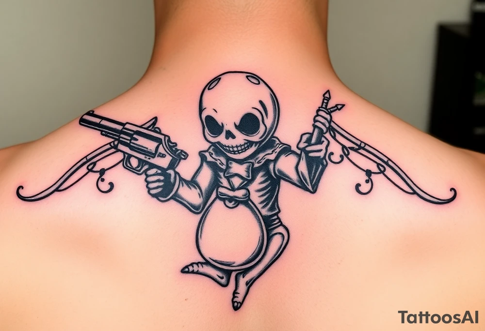 Scary Evil voodoo doll with a gun and money bag tattoo idea