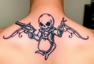 Scary Evil voodoo doll with a gun and money bag tattoo idea