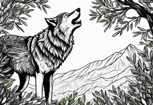 howling wolf drawn with olive tree branches and leaves tattoo idea