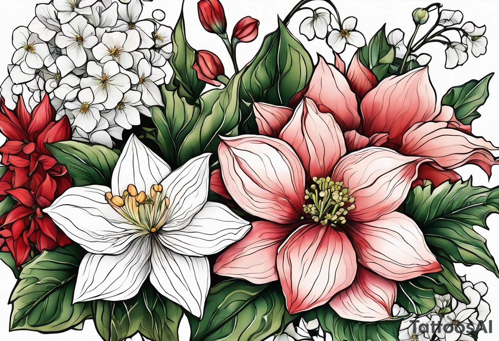 Hydrangea, Narcissus, Poinsettia, Holly, Gladiolus, Poppy, Daisy, Sweet Pea floral tattoo idea