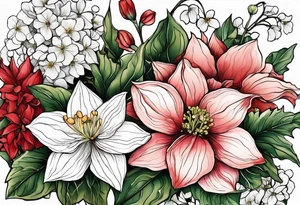 Hydrangea, Narcissus, Poinsettia, Holly, Gladiolus, Poppy, Daisy, Sweet Pea floral tattoo idea