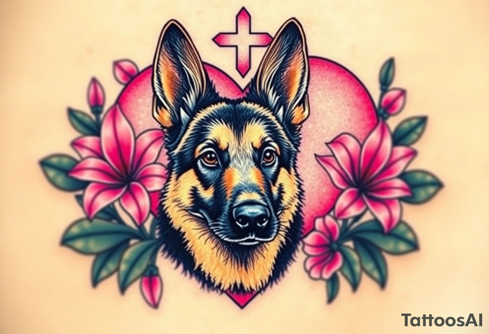 realistic german shepherd with alert ears looking protective surrounded by pink lilies with leaves in front of a sacred heart tattoo idea