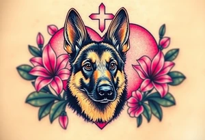 realistic german shepherd with alert ears looking protective surrounded by pink lilies with leaves in front of a sacred heart tattoo idea