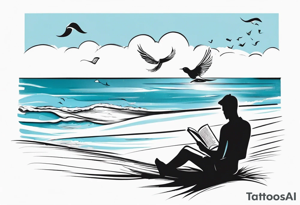 Someone is sitting on the beach reading a book and the pages are flying in the wind, the purpose of the tattoo is to emphasize that just as the pages are flying in the wind, you also have to flip through situations in life tattoo idea