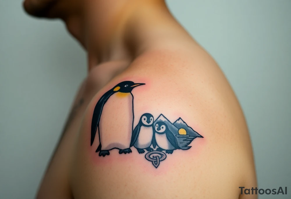 compilation outlining important things in my life such as one adult emperor penguin and 3 baby penguins, celtic trinity knot, lighthouse, mountains/nature, the green bay packers, and something to represent my 3 boys tattoo idea