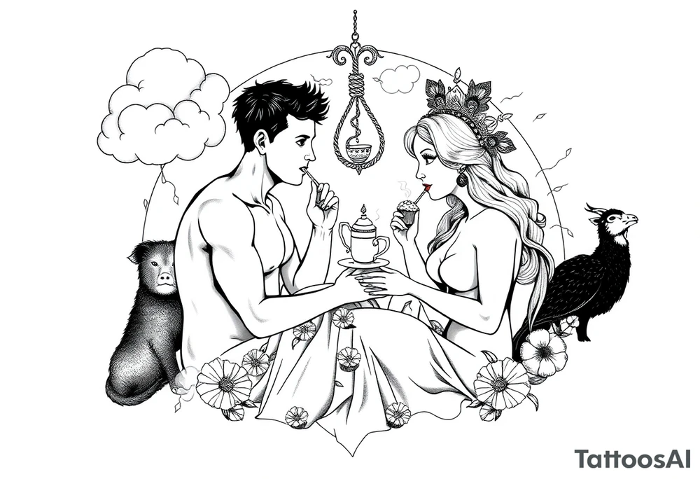 Mystical Naked Man and woman having sex eating cupcakes and  fruit  having sex clouds gothic sexy naked fat lady having a tea party with tea pot at a famcy castle  
with a pigs, peacock, noose, lion, goat, smoking cigerettes looking in the mirror thru storm clouds with razor blades and broken hearts and darkness and wrath, envy , gluttony, greed, sloth, pride kill tattoo idea