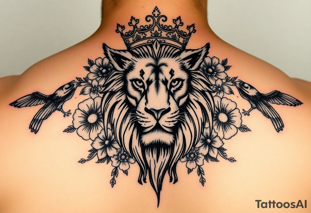 powerful majestic lion with a crown, surrounded by floral ornaments and birds tattoo idea